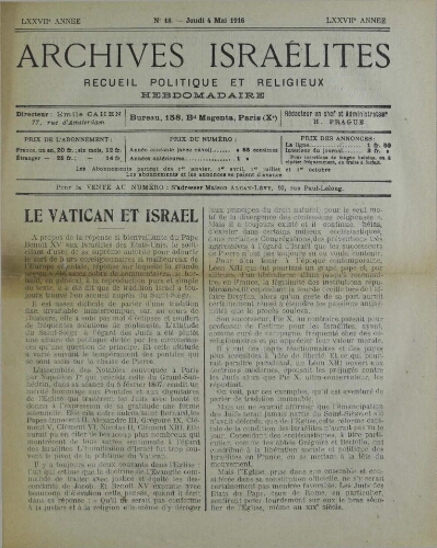 Archives israélites de France. Vol.77 N°18 (04 mai 1916)